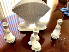 Fitz & Floyd Atlantis 5 pc Dolphin Candlesticks + Dolphin Shell Vase Centerpiece
