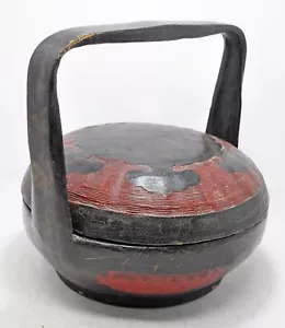 Antique Straw Food Basket Box Original Old Hand Crafted Lacquer Painted - Picture 1 of 8