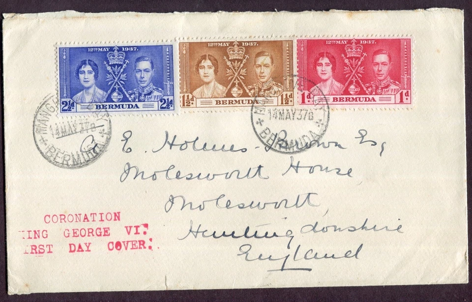 BERMUDAS 1937 'JUEGO DE CORONACIÓN' EN CUBIERTA DE PRIMER DÍA MANGROVE BAY TO MOLESWORTH UK Foto 1 de 1
