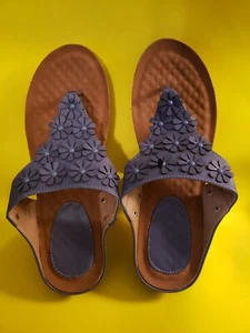 Blue Leather Strappy Wedge Sandals 9.5  Size 41 New Flower Massage - Picture 1 of 6