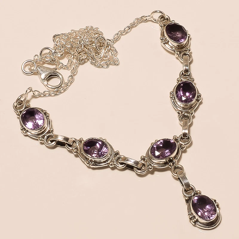 13.10 GM 925 Argento Sterling Gioielli Naturale Ametista Taglio Mano Collana - Immagine 1 di 1