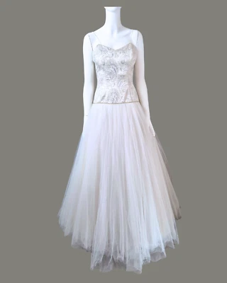Vintage Wedding Dress Keri Craig 1980's Tulle Drop Waist Tea Length Size 10 - Image 1 of 4