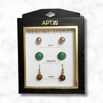 Juego de 3 pendientes Apt 9 piedras curativas nuevos en caja joyería para mujer - 2 tachuelas, 1 colgante Foto 1 de 2