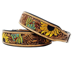 Dog Collar Premium Leather Padded Hand Made Floral Tooled Heavy Duty Free Ship - Picture 1 of 4