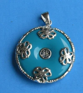 Sterling Silver Chinese Symbol Fu Blue Jade Disc Pendant - Picture 1 of 3