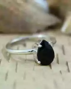 14K White Gold Plated 1.20Ct Pear Cut Black Diamond Solitaire Ring Lab Created - Picture 1 of 2