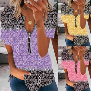 Womens Ombre Blouse Tops Ladies Short Sleeve Shirt Zipper Pullover Loose - Picture 1 of 10