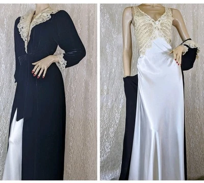 Conjunto de bata de terciopelo de felpa negra satinada sesgada camisón marfil Christian Dior vintage S Foto 1 de 4