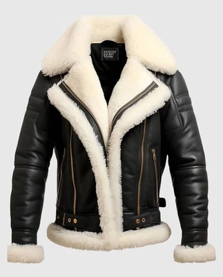 Men’s Real Sheepskin B3 Aviator Bomber Jacket Black Shearling RAF Style - Image 1 of 4