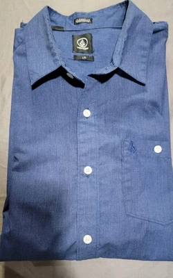 Volcom Shirt Mens Large Blue Everett Solid Long Sleeve Embroidered pocket logo - Image 1 of 4
