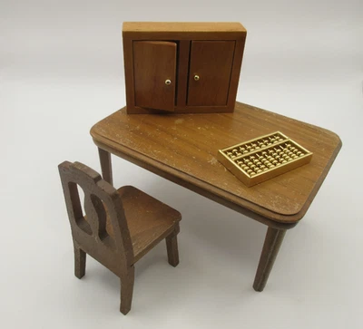 Vtg 1950s Strombecker Dollhouse Table Chair Wood Walnut 1:12 + Abacus + Cabinet - Image 1 of 4