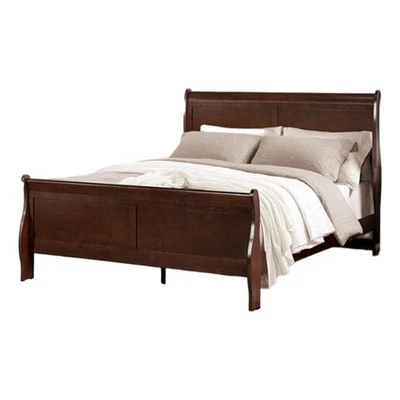 Ryla Queen Size Bed- Sleigh Panel Headboard- Dark Cherry Brown Solid Wood - Image 1 of 4