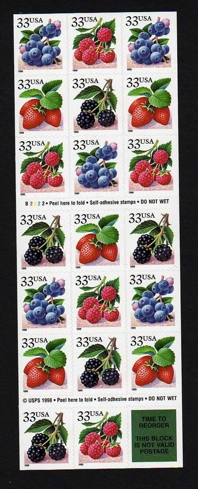 USA Scott 3297b Complete Self Adhesive Pane, 33¢ Fruit Berries, Plate #B4444 - Image 1 of 1