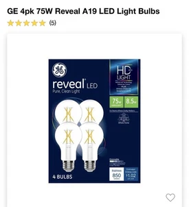 GE Reveal A19 LED Light Bulbs 4PK 75W, Dimmable, 850 Lumens, 2850K, E26 Base - Picture 1 of 5