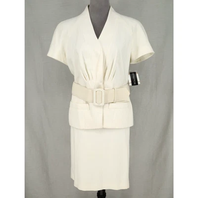 Anne Klein Skirt Suit Petites 12P Ivory Lined Stretch Belted Coastal Career New - Image 1 of 4