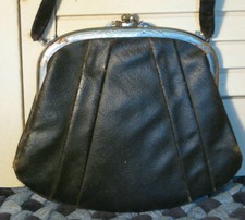 Antique 1800 Civil War Era Black Oilcloth Purse w Etched Steel Frame Really Old