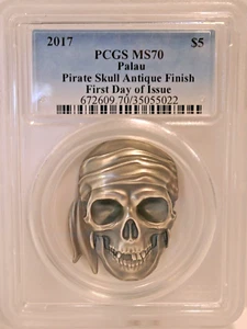 2017 Palau $5 Pirate Skull Antique Finish PCGS MS70 First Day Of Issue - Picture 1 of 9