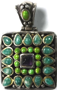 Sterling Silver Barse Chrysoprase Amethyst Turquoise Pendant 36mm x 24mm - Picture 1 of 5