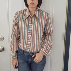 70s Sears Blue and Coral Striped Dagger Collar Shirt - Picture 1 of 4