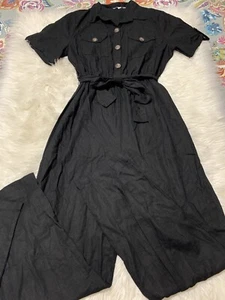 J Gee Women's Linen Blend Jumpsuit Black Tie Waist Button Up Short Sleeve Large - Picture 1 of 7