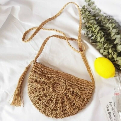 Women Crossbody Bag Straw Handbag Boho Wicker Rattan Woven Crochet Beach - Image 1 of 4