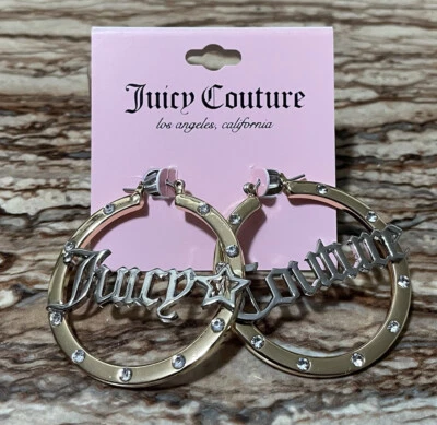 Brincos de argola de ouro com logotipo de dois tons pedra cristal transparente 38 mm Juicy Couture Jewelry - Imagem 1 de 4