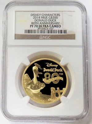 2014 GOLD NIUE DONALD DUCK 500 MINTED $200 DISNEY 80TH ANNIV NGC PROOF 70 UC - Image 1 of 2