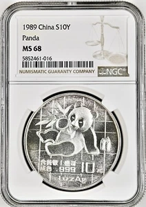 1989 CHINA PANDA 10Y 1OZ SILVER NGC MS68 - Picture 1 of 3