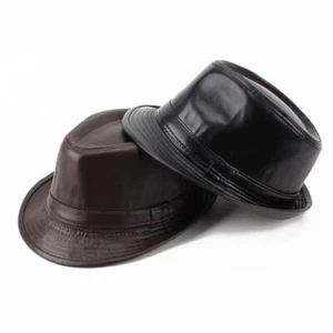 Classic Winter Vintage Retro Unisex Jazz Cap Faux PU Leather Pork Pie Formal Hat - Picture 1 of 13