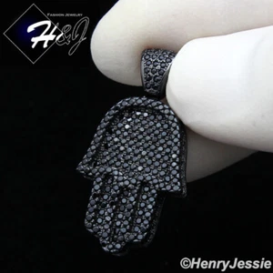 MEN 925 STERLING SILVER ICY BLING CZ BLACK PLATED 3D HAMSA HAND PENDANT*BP94 - Picture 1 of 4