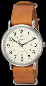 Timex Men's Indiglo Watch Weekender 40MM Silver Tone Case Brown Slip Thru Strap - Picture 1 of 12