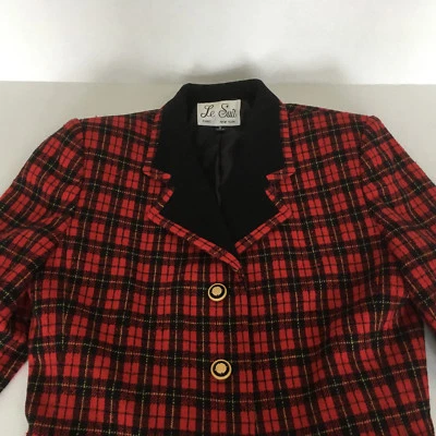 Red tartan plaid VTG short blazer jacket shoulder pads wool blend button front - Image 1 of 4