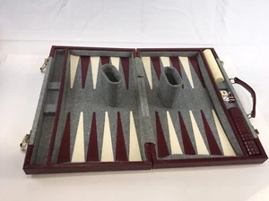 Backgammon In Gray Flannel & Leather Case 1 1/8” Brown & Ivory Bakelite Discs - Picture 1 of 10