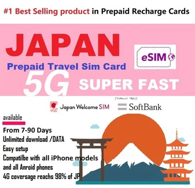 Japan eSIM: Unlimited 5G Data $2/Day SoftBank/KDDI, 7-90 Days Instant Activation - Image 1 of 4