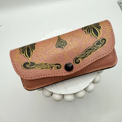 Vintage Pink Leather Eyeglass Case Black Gold Western Pattern Small Child size  - Image 1 of 4