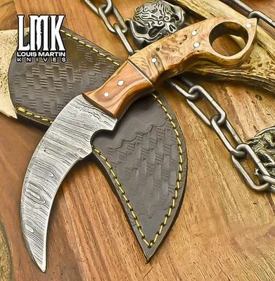 LMK Handmade Karambit Knife Twist Damascus Olive Wood Wooden Bolster EDC - Image 1 of 4