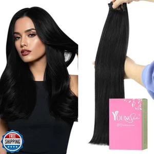 YoungSee Clip in Extensions Black Clip on Hair Extensions Human Hair Black La - Picture 1 of 5