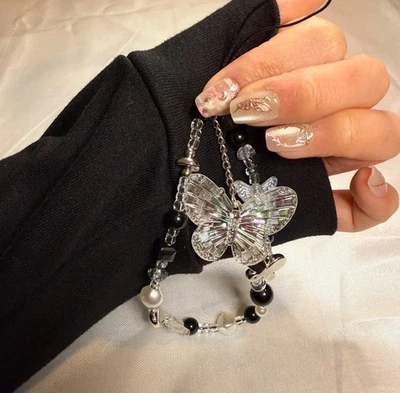 Handmade Iridescent Butterfly Beaded Phone Charm Strap Black & White Pearls - Image 1 of 4