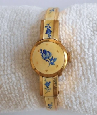Винтажный Uhlmann Geneve женщины позолоченный эмали браслет часы цветочный чехол - Изображение 1 из 4