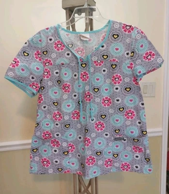 Peaches Scrub Top  Hearts/Circles 💯% Cotton Sz Large  - Image 1 of 4