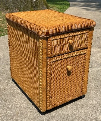 Vintage 1980s Rattan Wicker Under Desk File Cabinet Casters Pier 1 End Table - Image 1 of 4