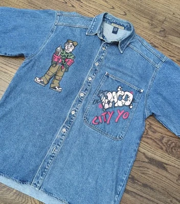 PACO Sports Talla XL Jean Denim Manga Corta Camisa Abotonada Cazadora Y2K Años 90 Patinador Foto 1 de 4