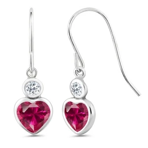 1.48 Ct Heart Shape Red Created Ruby White Topaz 14K White Gold Earrings - Picture 1 of 3