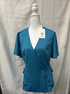 Grace Karin Damen Blau Grün Schößchen Top Bluse Gr. Large V-Ausschnitt Wickel Neu - Bild 1 von 8