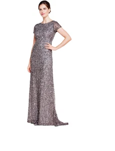 ADRIANNA PAPELL Scoop Back Lead sz 4  Modest Cap Sleeve Sequin Mesh Gown NWOT - Picture 1 of 2