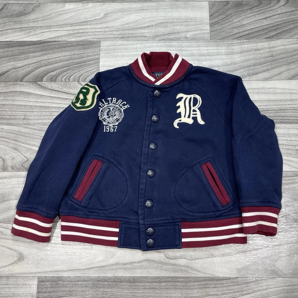 Chaqueta Universitaria Polo Ralph Lauren Niños 4 Azul Marino Ala P Letterman Algodón a Presión Foto 1 de 4