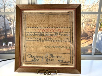 Antique 1848 Framed Needlework Sampler by Clarissa Perry Aged 8 Yrs 13.75" x 13" - Image 1 of 4