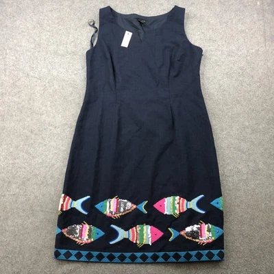 Talbots 连衣裙女式 8 海军蓝无袖鱼刺绣亮片 Midi — 第 1/4 张图片