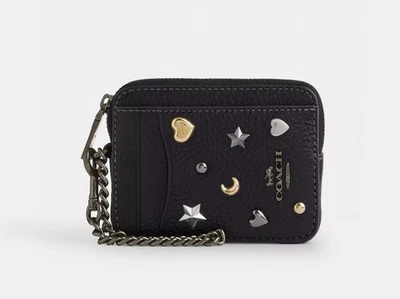 Nuevo con etiquetas Estuche para Tarjetas Coach con Cremallera con Remaches Cuero Tachonado CCO21 Gunmetal/Negro Multi Foto 1 de 4