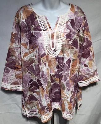 Top túnica Alfred Dunner L púrpura/naranja geo encaje cuello en V mangas 3/4 festival Foto 1 de 4